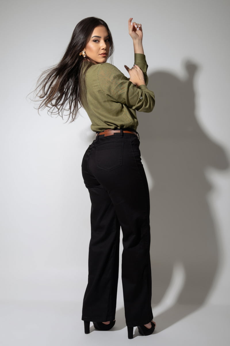 Calça Modeladora Wide Leg Preta Que Não Desbota Com Cinto JEB113