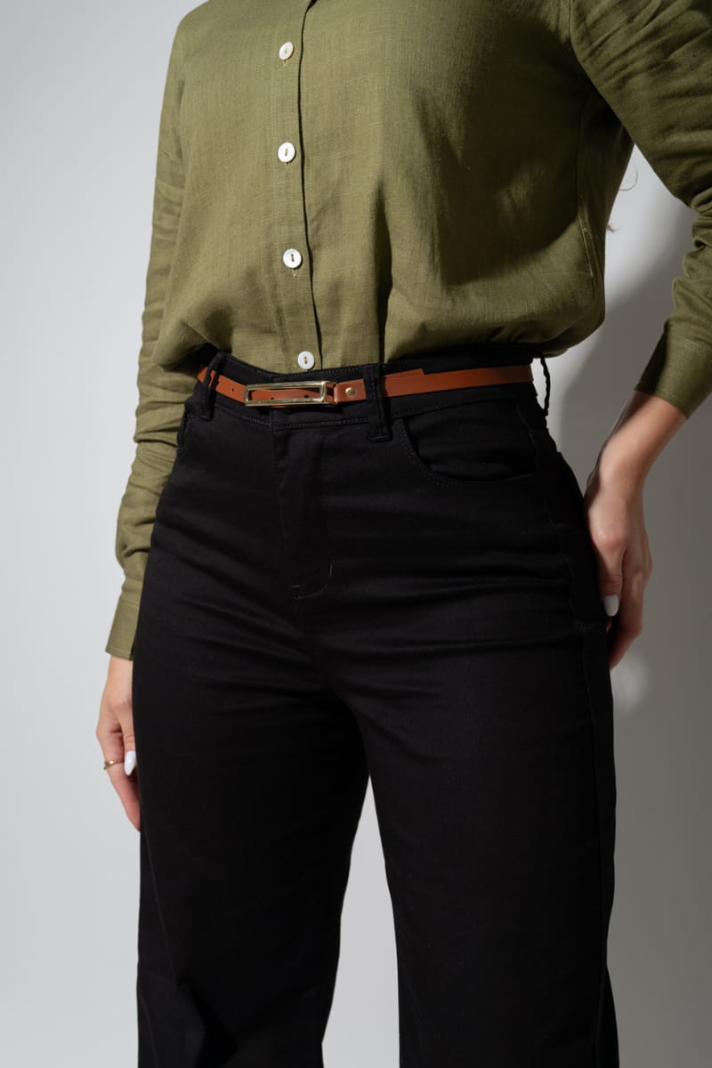 Calça Modeladora Wide Leg Preta Que Não Desbota Com Cinto JEB113