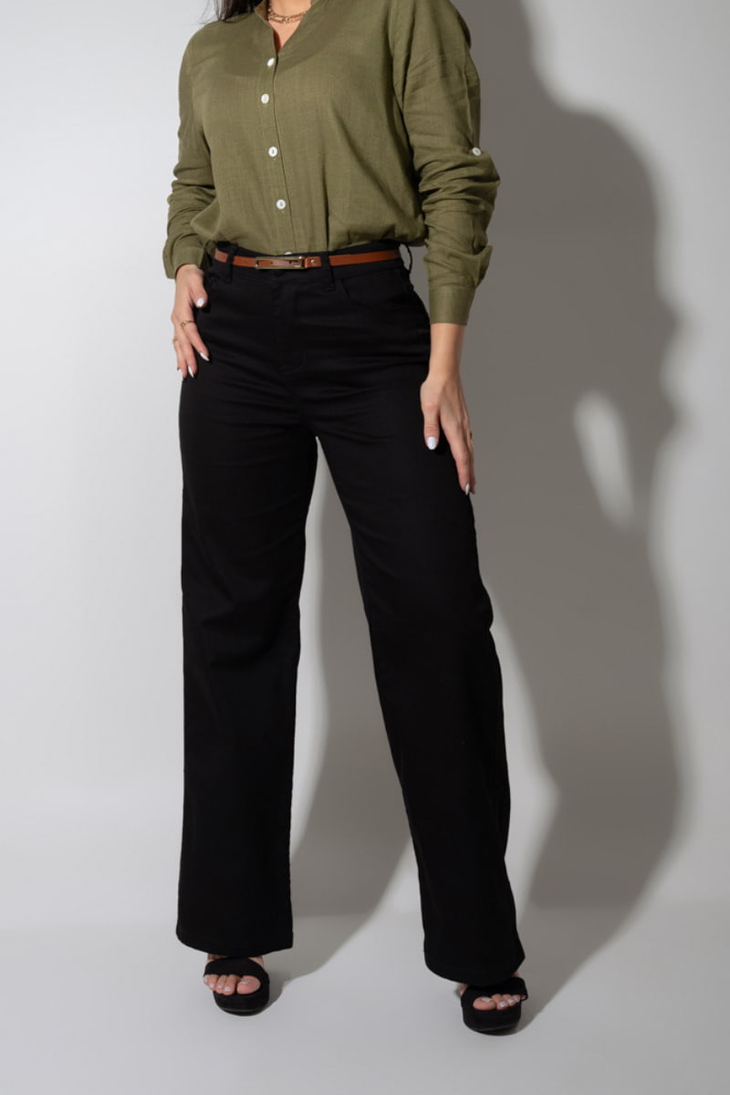Calça Modeladora Wide Leg Preta Que Não Desbota Com Cinto JEB113