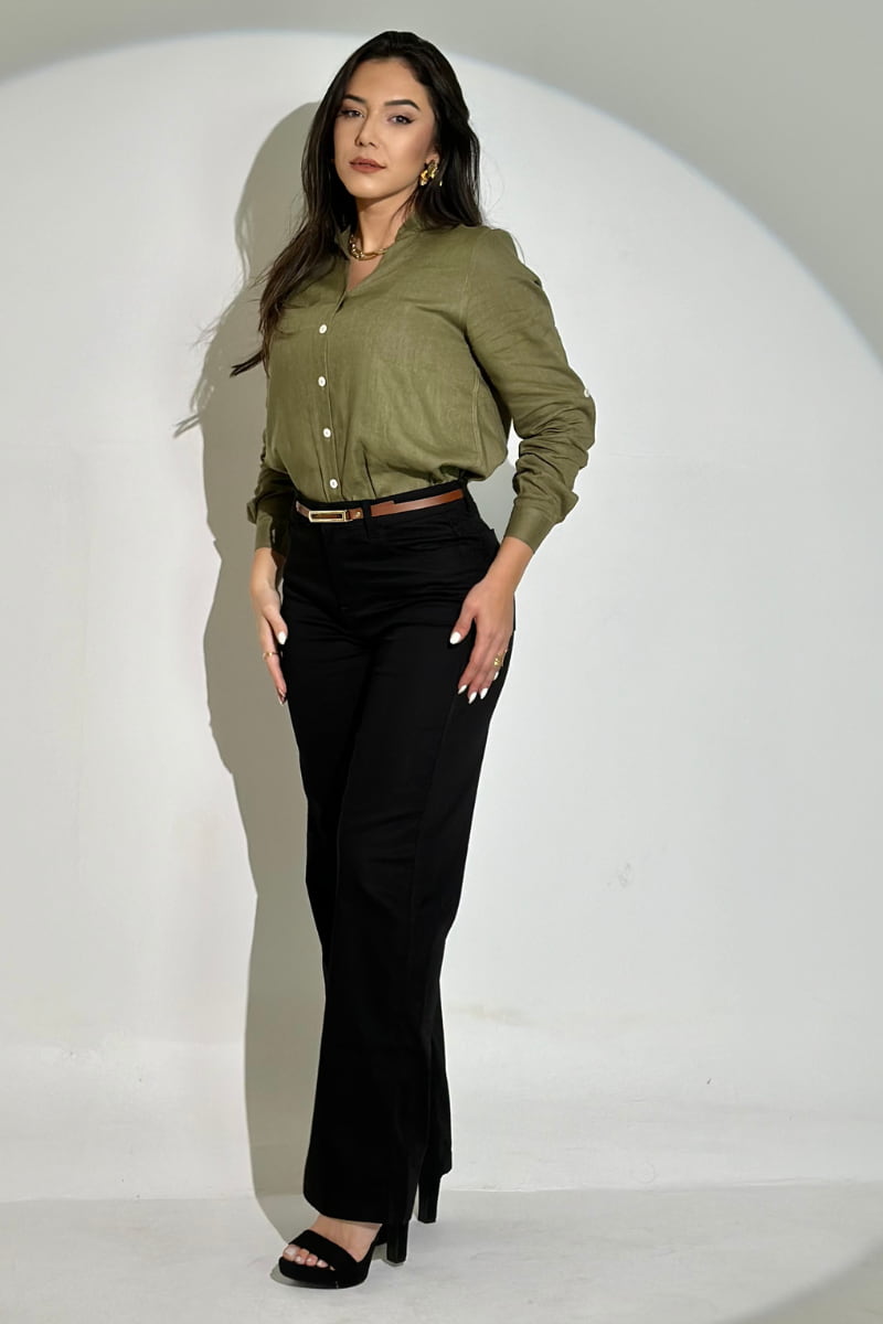 Calça Modeladora Wide Leg Preta Que Não Desbota Com Cinto JEB113