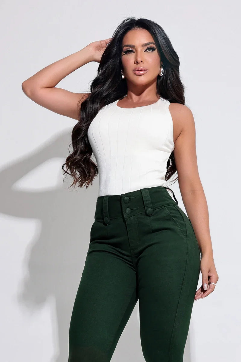 Calça Jeans Ultra Modeladora Verde Barra Com Detalhe JEB942