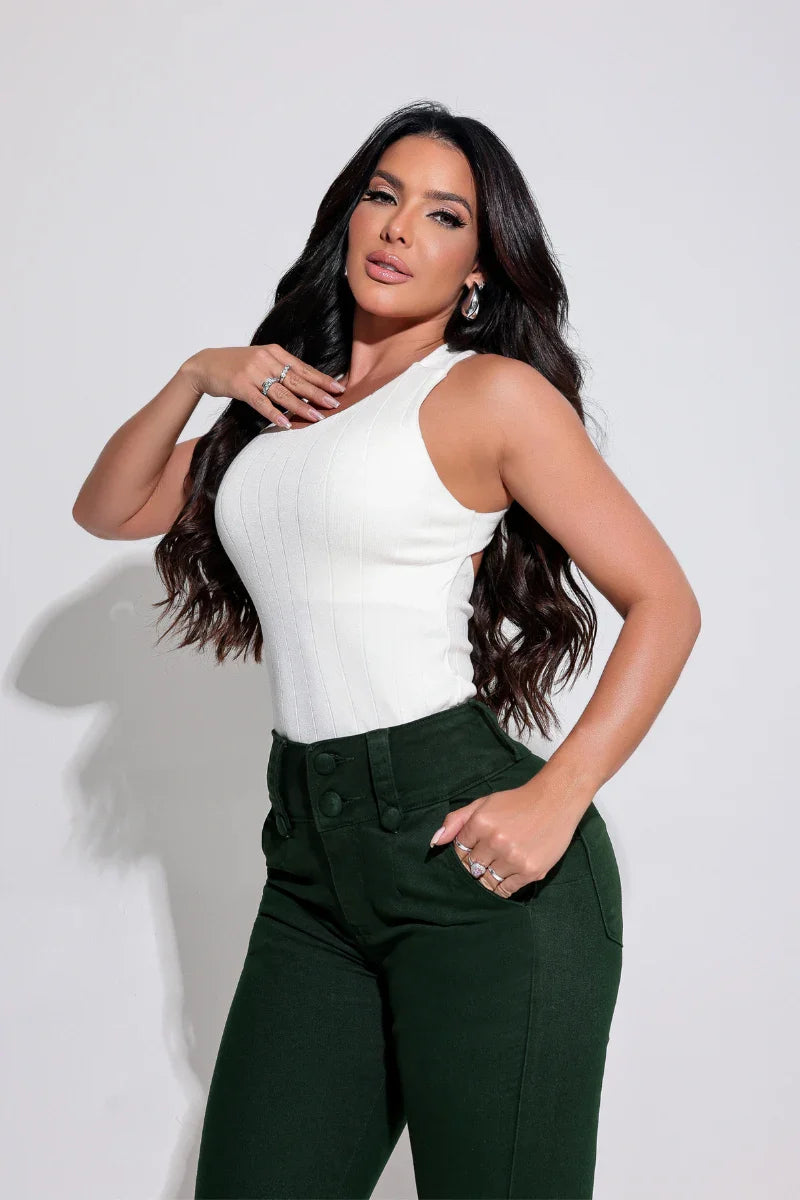Calça Jeans Ultra Modeladora Verde Barra Com Detalhe JEB942