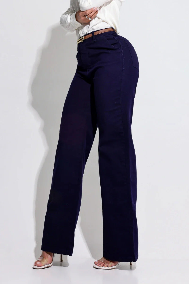 Calça Modeladora Wide Leg Azul Magnífica Com Cinto JEB105