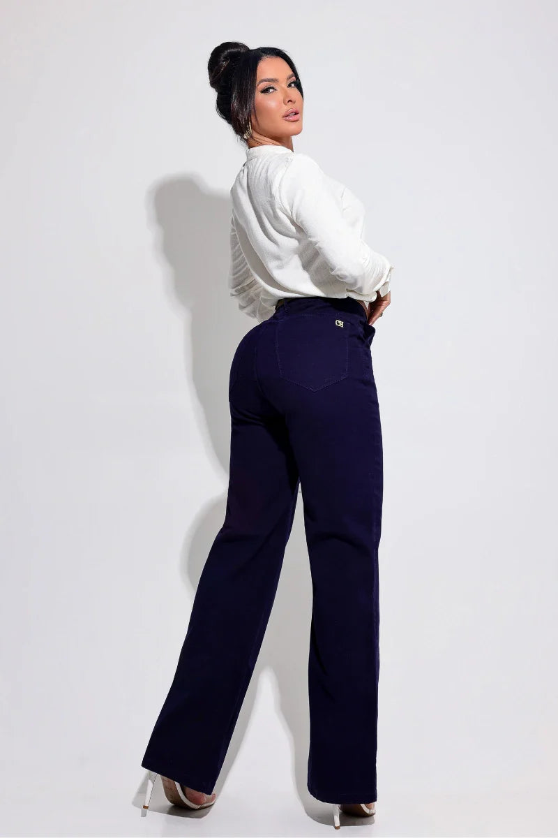 Calça Modeladora Wide Leg Azul Magnífica Com Cinto JEB105