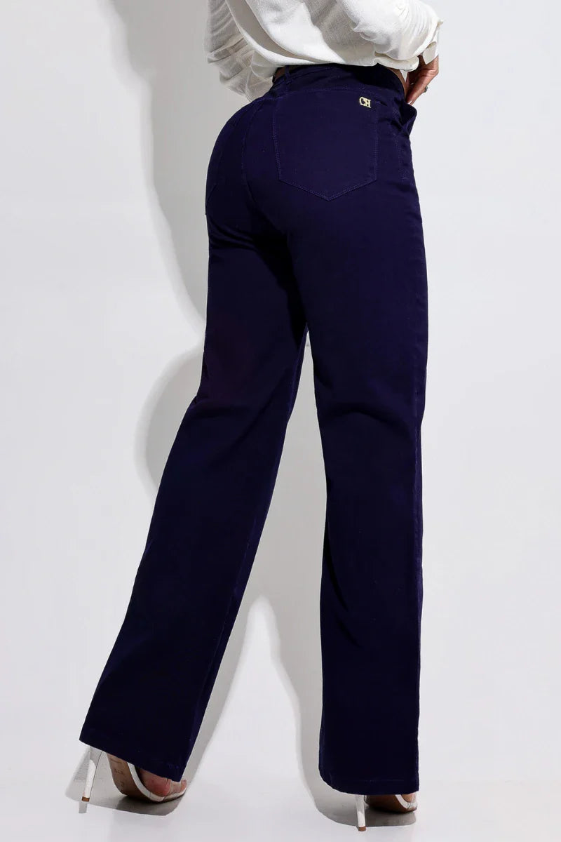 Calça Modeladora Wide Leg Azul Magnífica Com Cinto JEB105