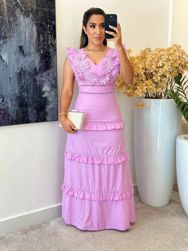 Vestido tricoline | Gola V detalhes no busto