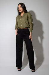 Calça Modeladora Wide Leg Preta Que Não Desbota Com Cinto JEB113