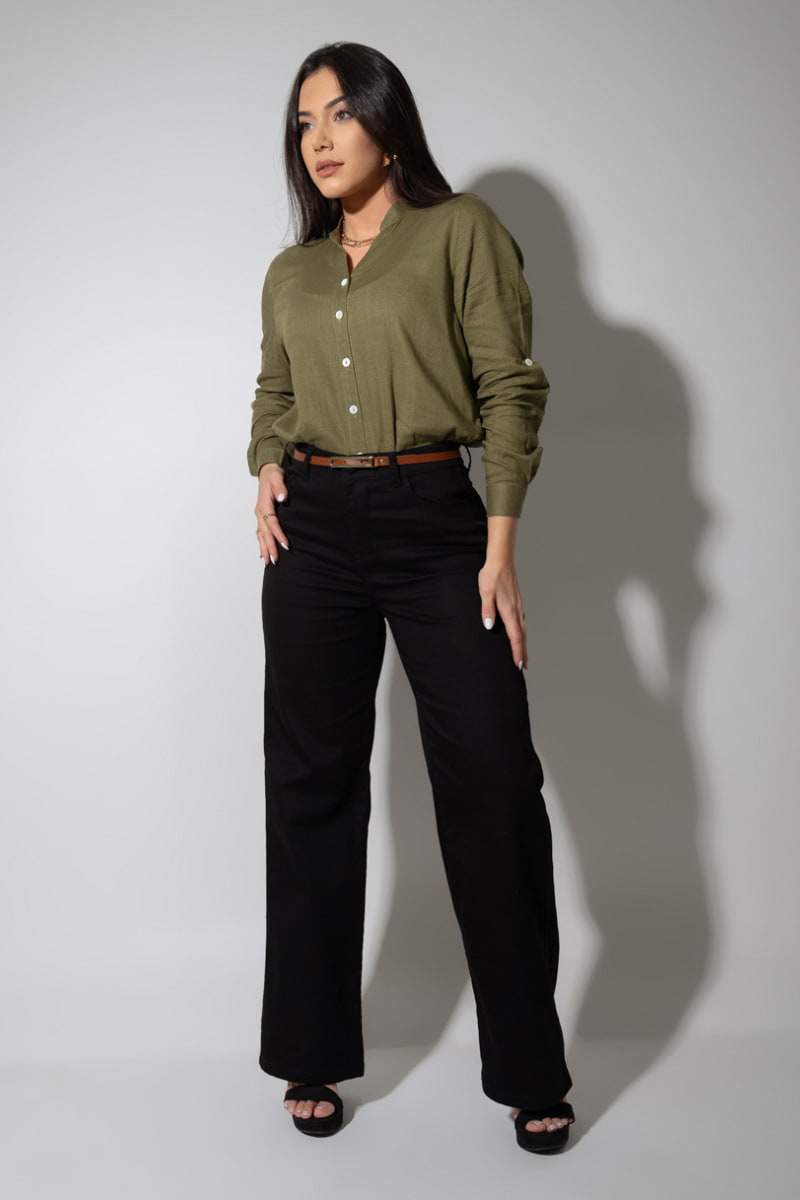 Calça Modeladora Wide Leg Preta Que Não Desbota Com Cinto JEB113
