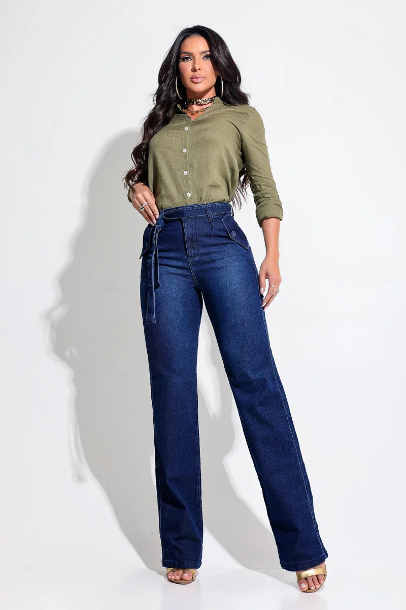 Calça Jeans Modeladora Wide Leg Milagrosa Com Cinto JEB099