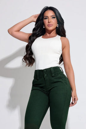 Calça Jeans Ultra Modeladora Verde Barra Com Detalhe JEB942