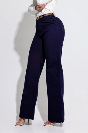 Calça Modeladora Wide Leg Azul Magnífica Com Cinto JEB105