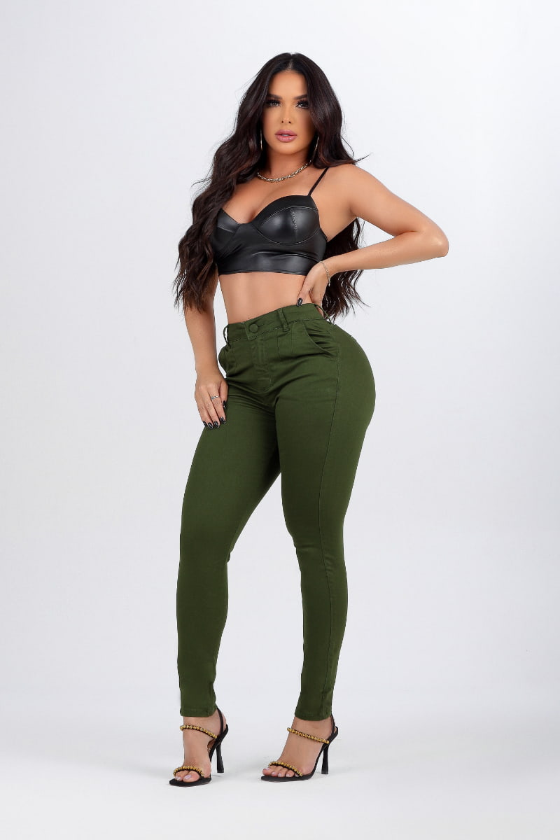 Calça Jeans Surreal Modeladora Verde Militar Com Elastano JEB38